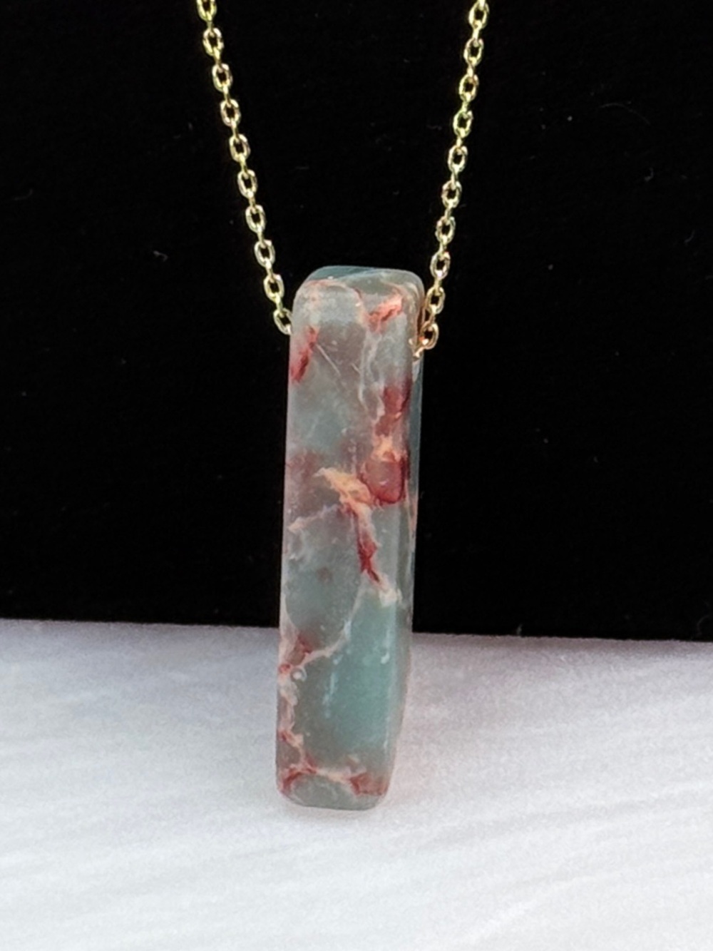 Vintage Green & Red Stone Bar Pendant Necklace Gold Tone